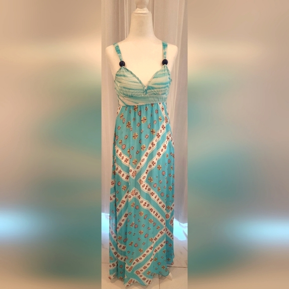 Blue and White Sleeveless Sundress Maxi Flowy